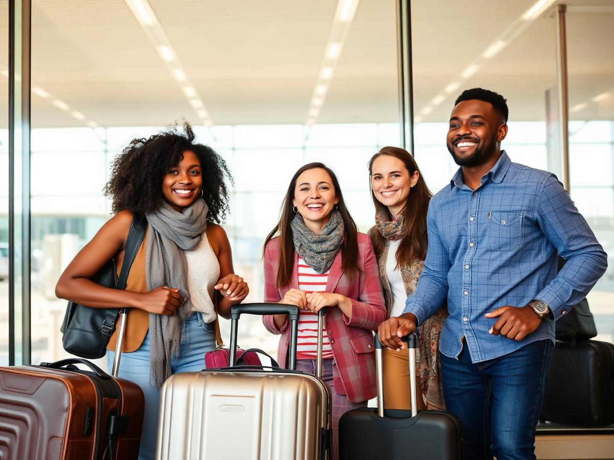Travellers with luggage at an airport terminal